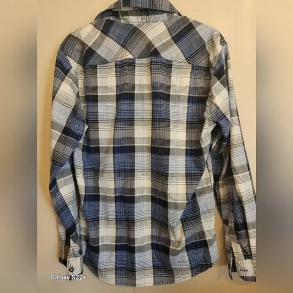 M38 Wrangler Blue, Black & White Plaid Western Shirt Button Up Long Sleeved
